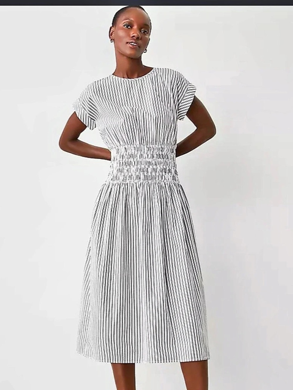 Ann Taylor Striped Smocked-Waist Midi Flare Dress Striped Midi Dress in White &